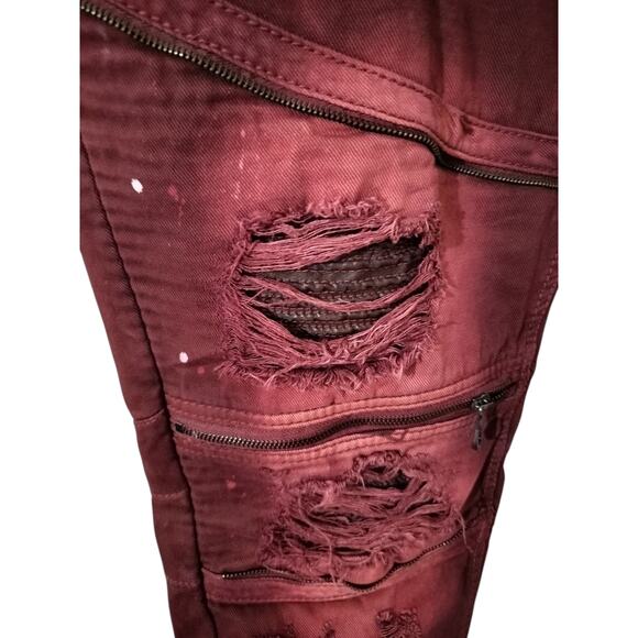 M652)Smoke Rise Burgundy Biker Distressed Splatter Zipper Tapper Jeans Sz 42/32 - Picture 2 of 9